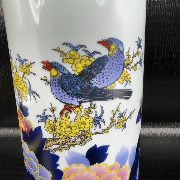 Vintage Oriental Chinese Calligraphy Ceramic Vase Vessel Raised Paint Birds VTG - Picture 5 of 16